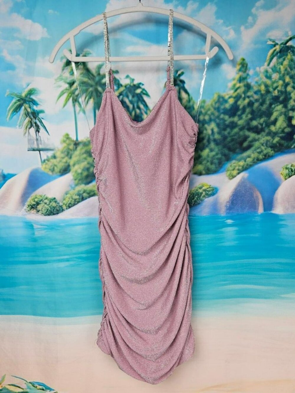 Pink Bodycon Mini Dress Womens M New Crystal Straps Cocktail Shimmer NWT TIC TOC